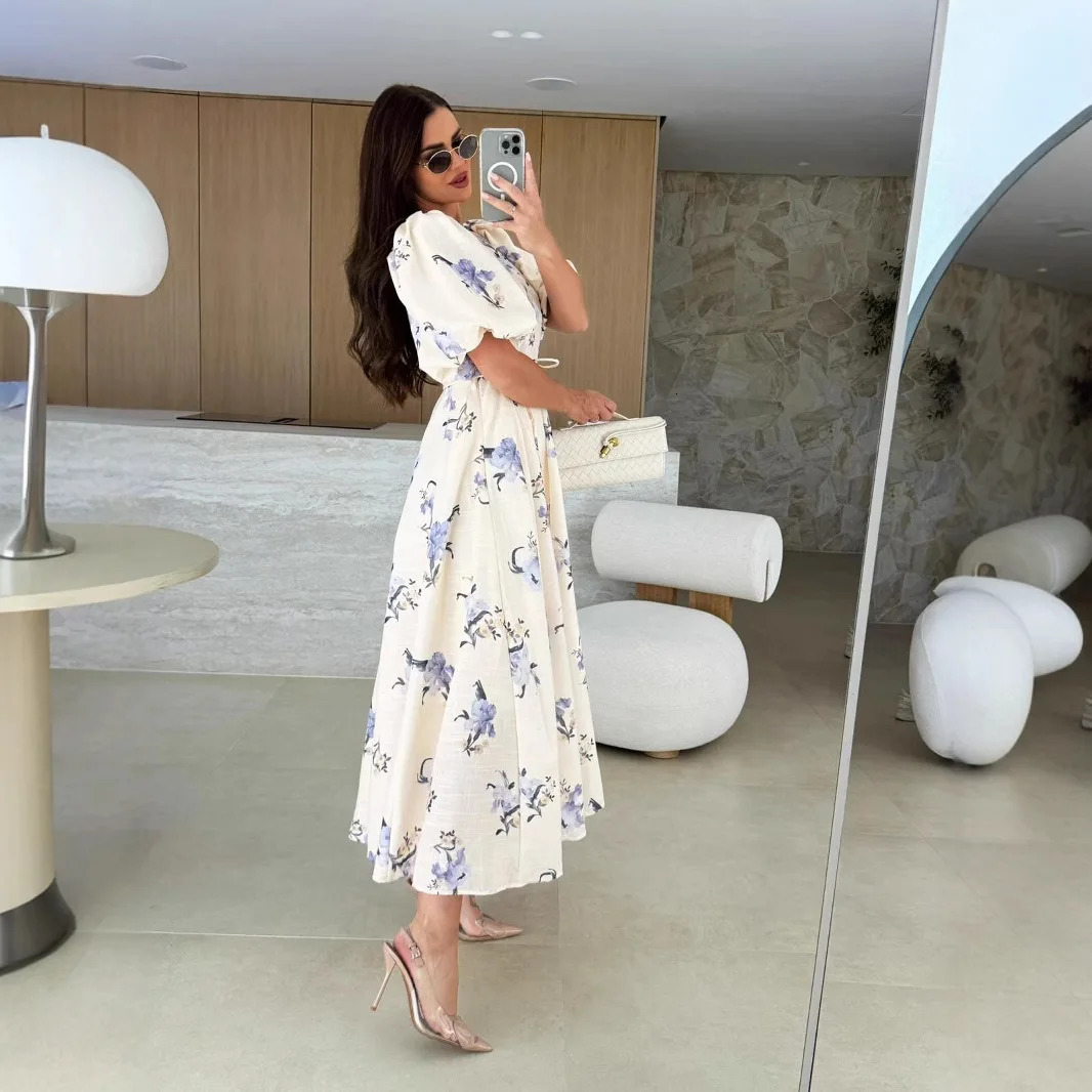 Elegant floral print bohemian dress sexy deep Vneck lace long womens casual puff sleeves high waisted party 250409