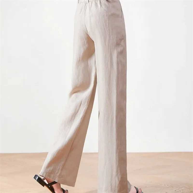 Cotton linen wide leg pants for women in spring and summer thin casual solid pants for women elastic high waisted loose straight pantsXJ250403