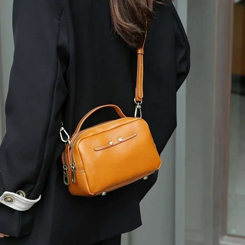 Cowhide Genuine Leather Bag Women Double Zippers Crossbody Messenger Lady Urban Minimalism Fashion Small Square Shoulder Handbag