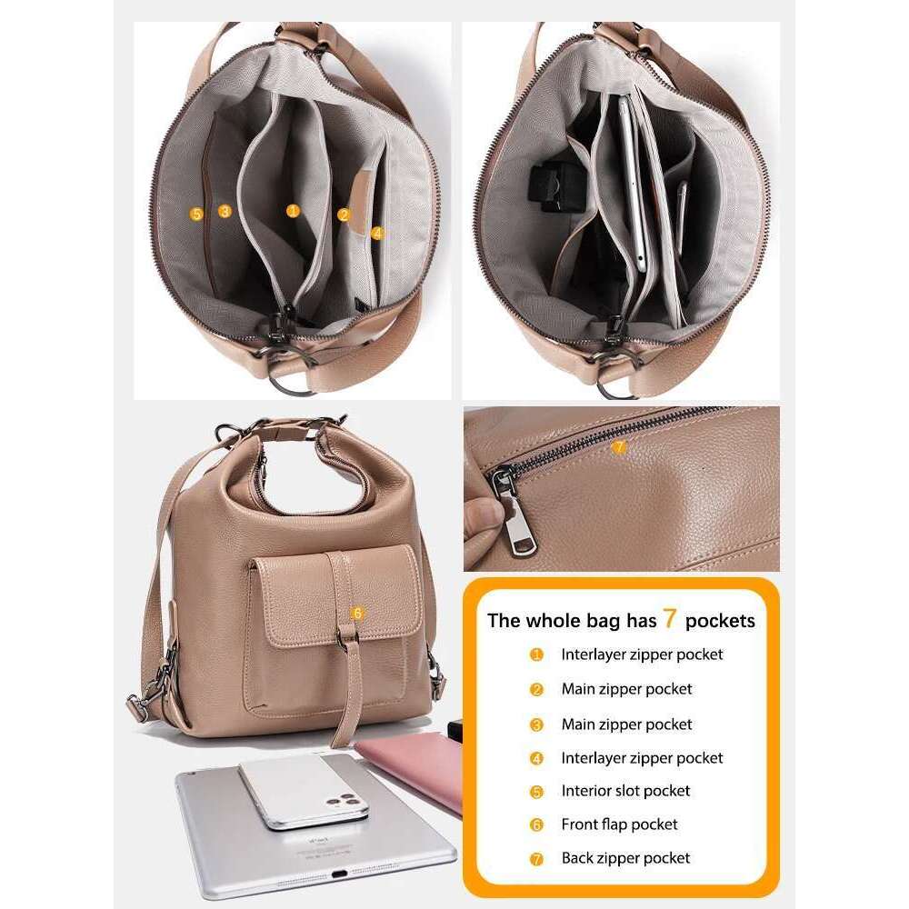 Zency Stylish Women Shoulder 100% Genuine Leather Large Capacity Handbag Multifunction Satchel Bag Backpack Trendy Bags