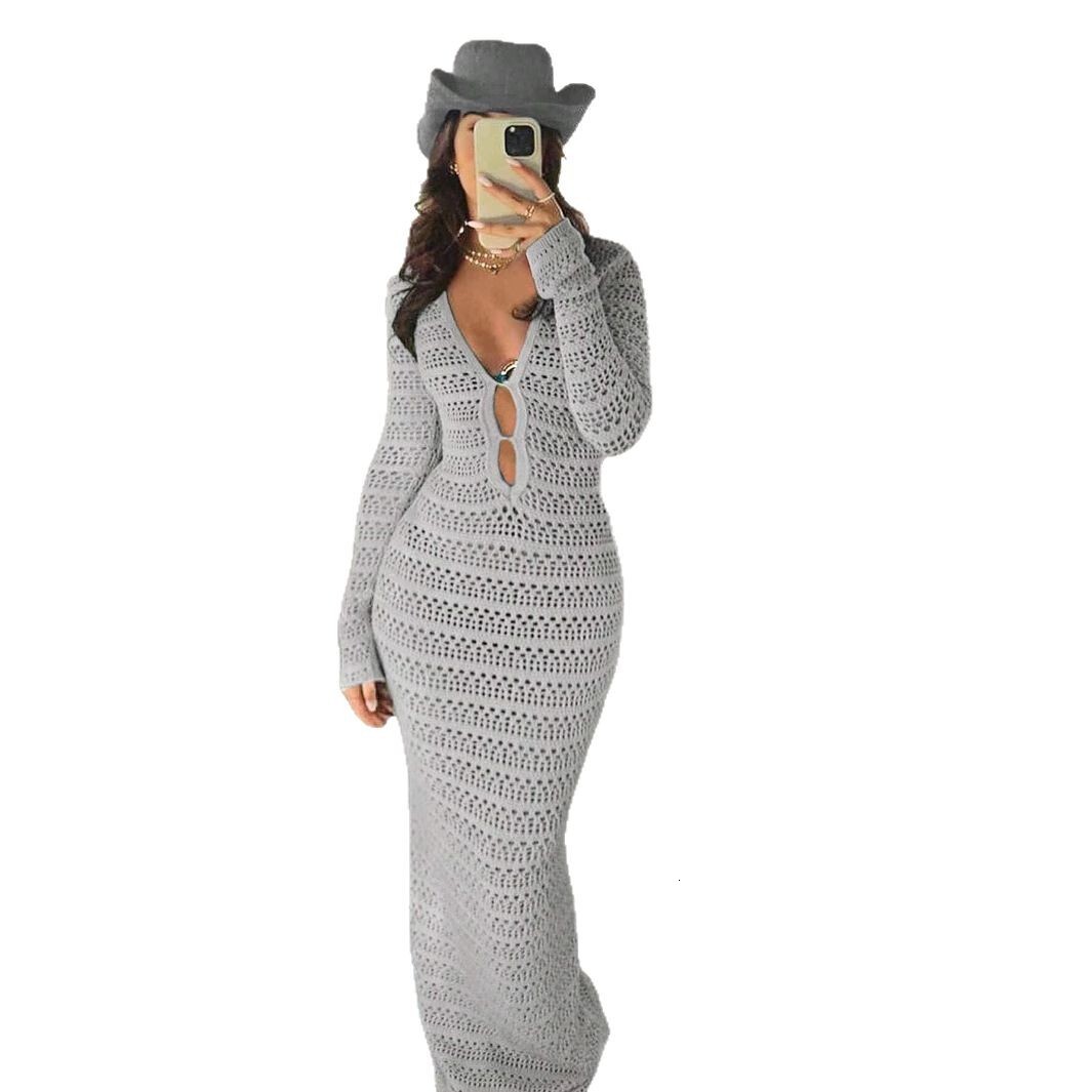 New Knitted Long Sleeve Beach Skirt Sexy Pure Desire Wind Hollow Leisure Seaside Vacation Hoodie Dress