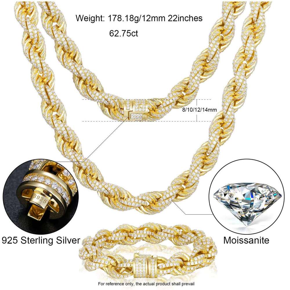 Pass Diamond Tester 8mm-14mm Full VVS Silicon Stone Ice Out Rope Chain 925 Sterling Silver Men's Hip Hop Jewelry Twisted Necklace