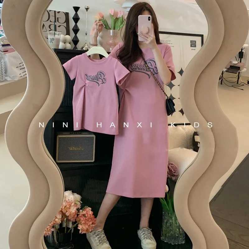 Childrens and Mothers Clothing Summer Letter Straight Dress for Girls Loose Casual T-shirt Short Sleeve Childrens Clothing S2548