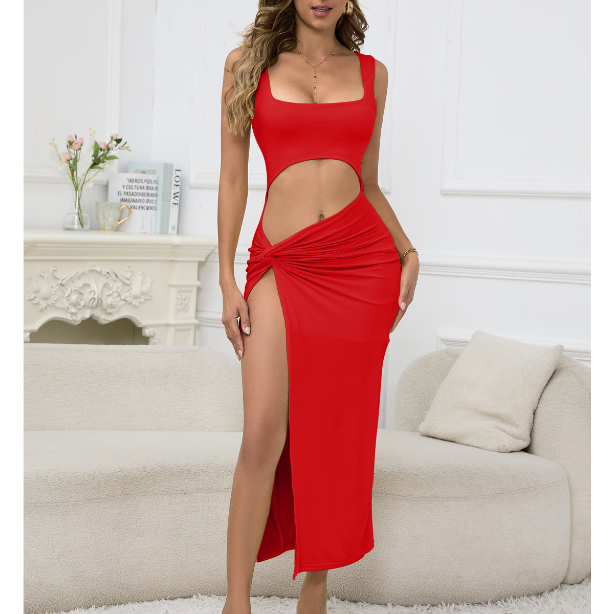 Womens long dress 2025 new style suspender solid color hollowed out navel sexy dress