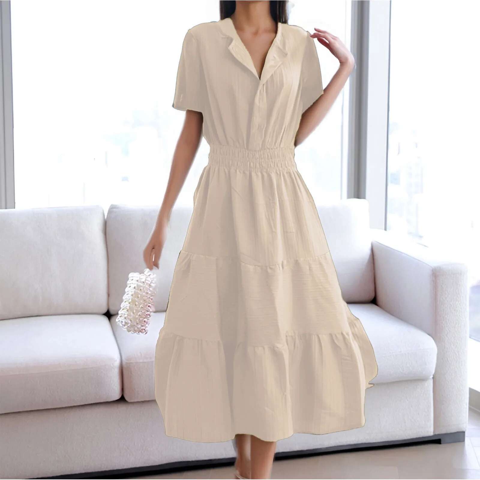 Dongdumaoyi New Women S Summer Casual Midi Maxi Dress Lightweight Short Sleeve Turndown Collar Elastic Waist Bohemian Beach