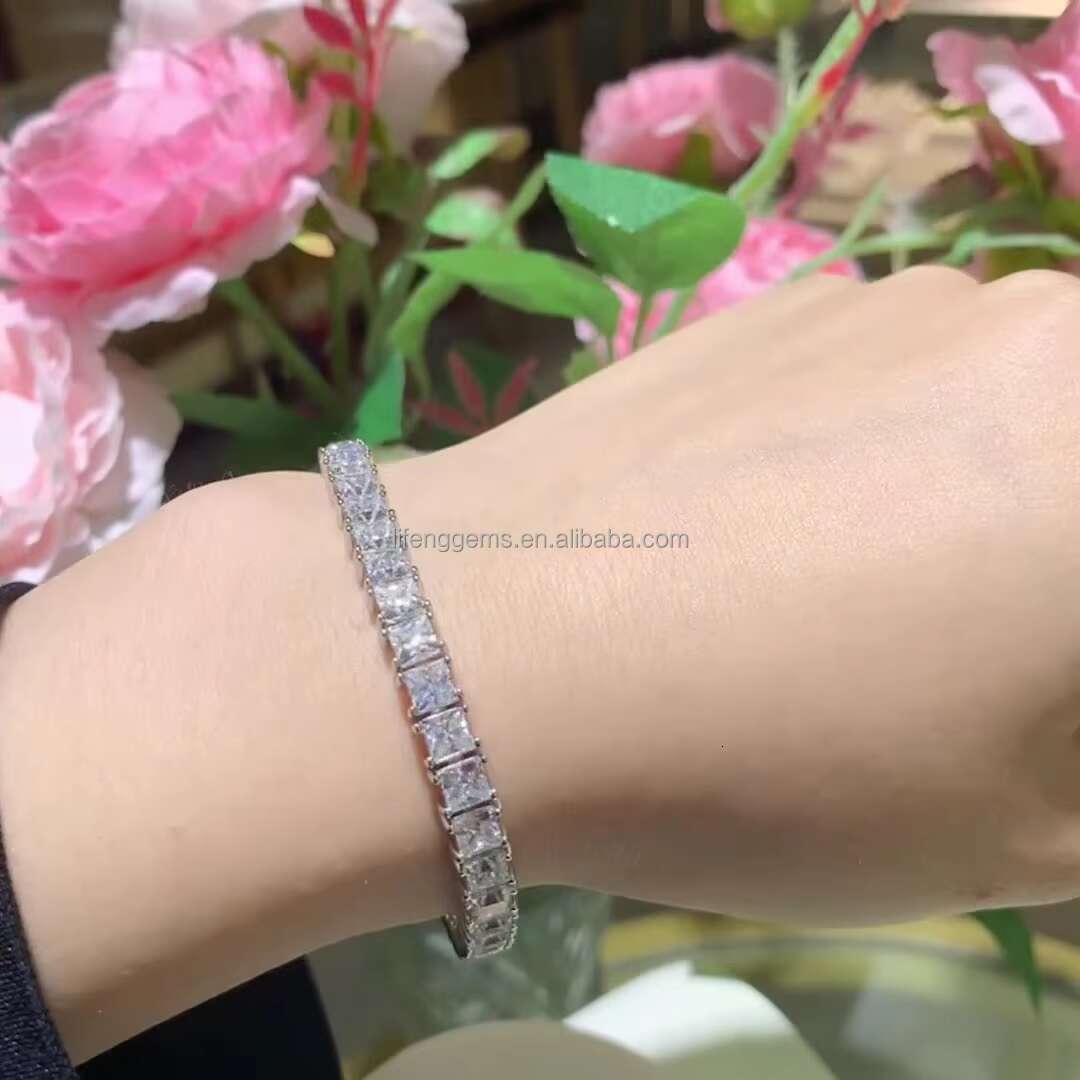 Full Diamond 4mm Princess Square VVS Moissanite Diamond Jewelry 925 Silver Plated 18k Gold Luxury Bracelet