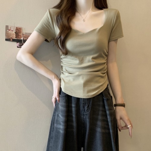 2025S Designer Women S T Shirt Square Collar Shoulder Sleeved T Shirt For Women In Summer New Style With Waist Cinching Slim Fit Short Style Student P