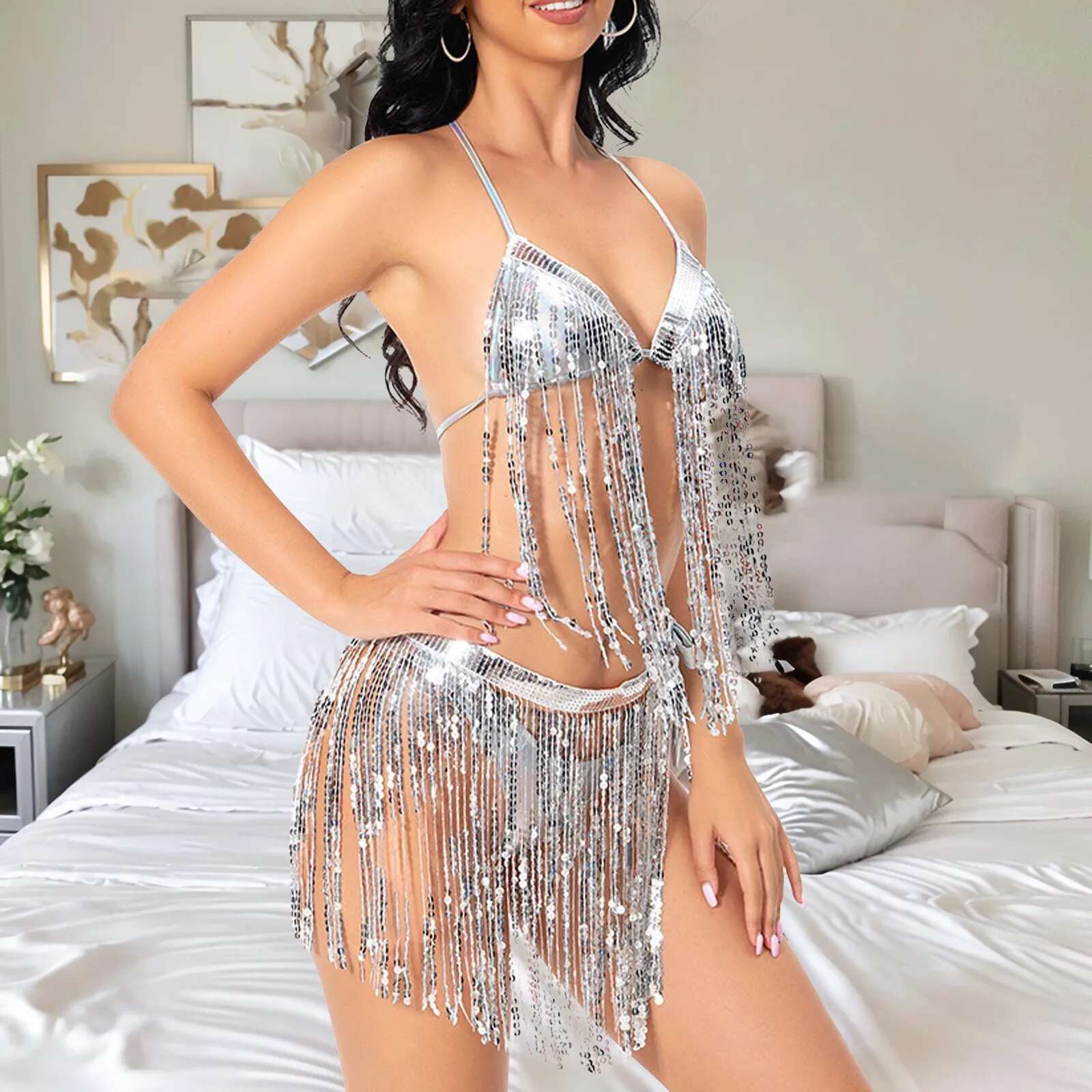 Dongdumaoyi Women S Shiny Bikini Set Exquisite Latin Dance Dress Sexy Tassels Sequins Nightclub Samba Dancewear Belly Suit