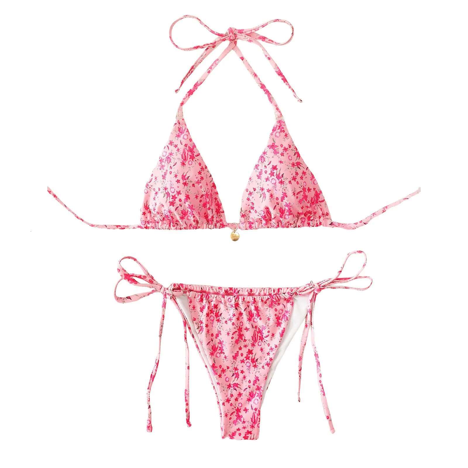 Dongdumaoyi Floral Printed Halter Strappy Bikini Women Swimwear Female Swimsuit Two Pieces Set Bather Bathing Suit Swim