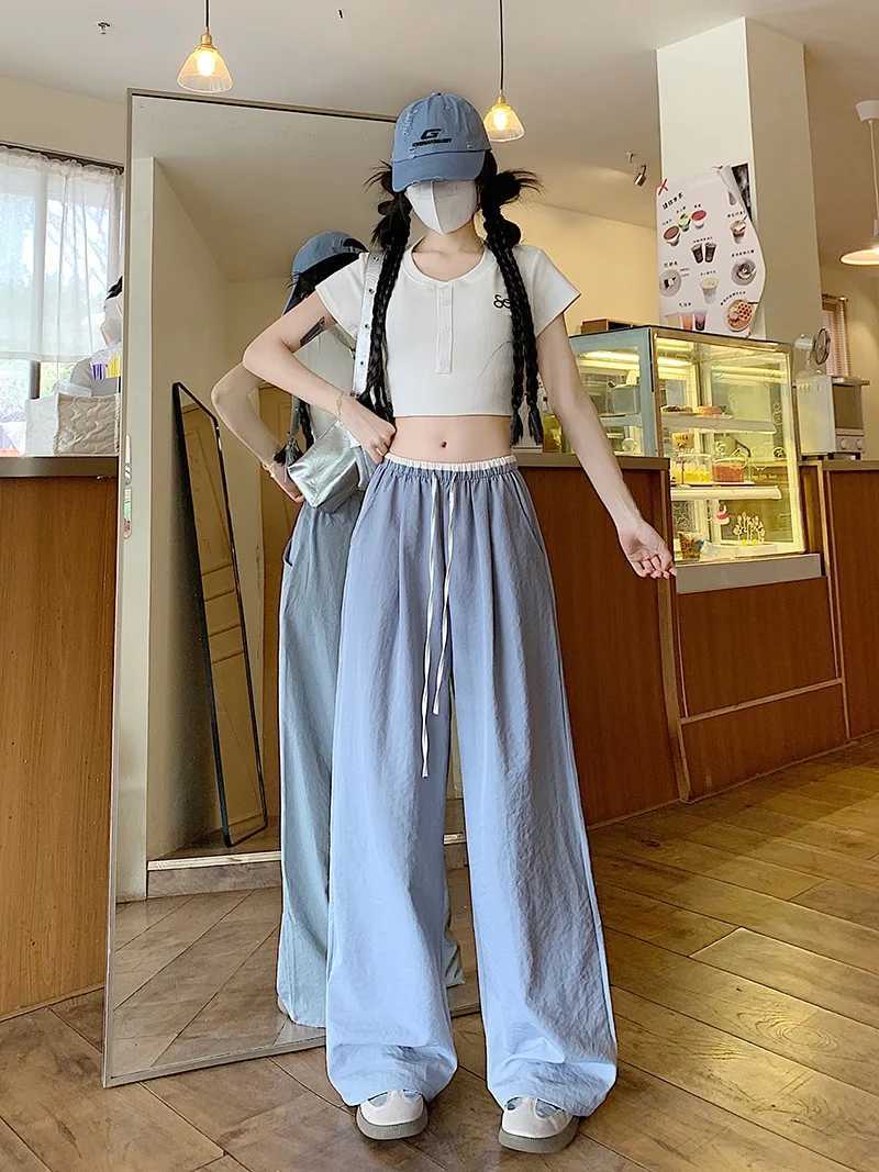 High waisted thin wide leg pants for womens summer new style Korean fashion chic color matching college style straight casual pantsXJ250403