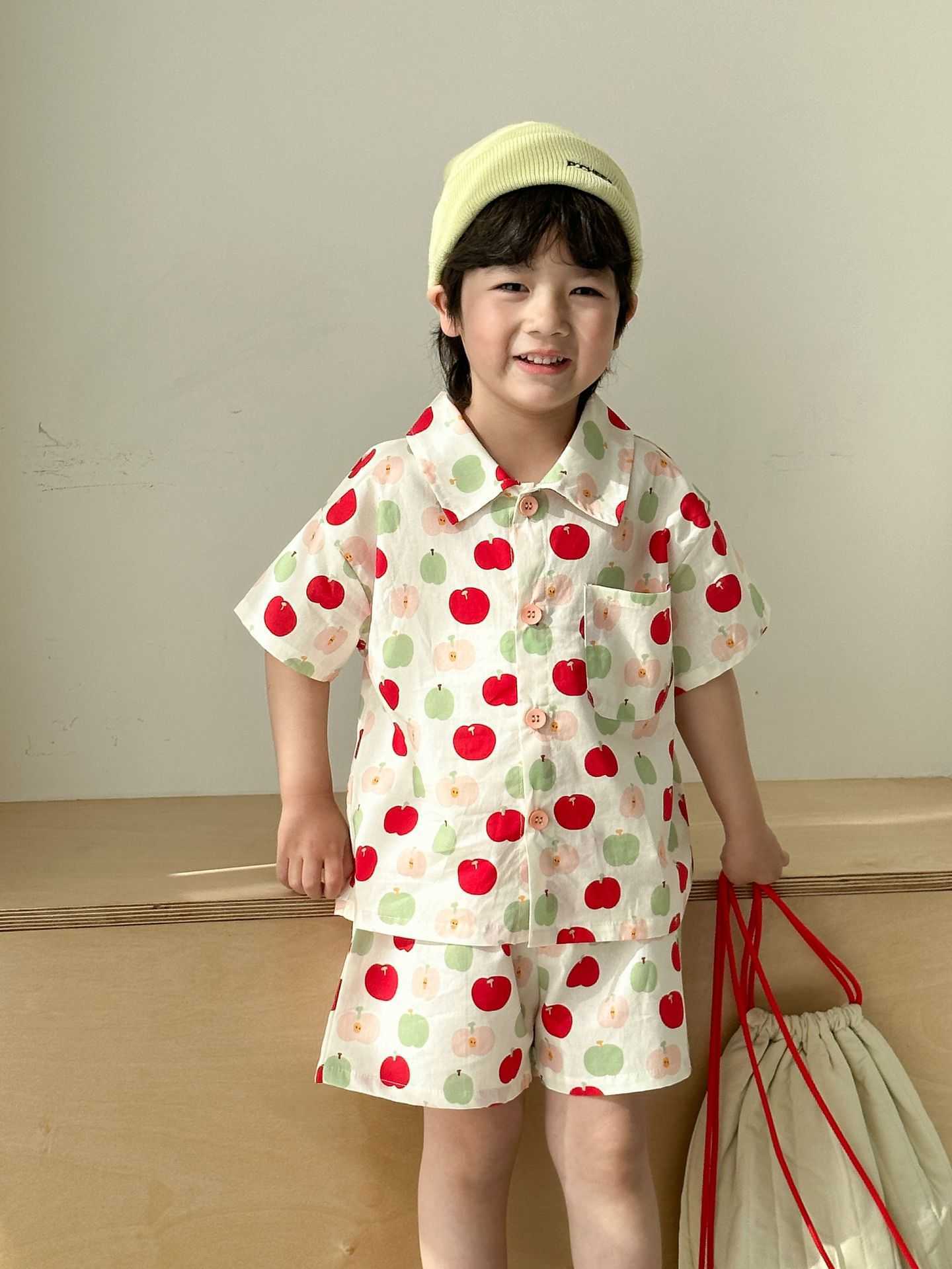 Childrens summer shirt set stylish pure cotton boys 2025 new style baby girls short sleeved dress siblings outfit S2548