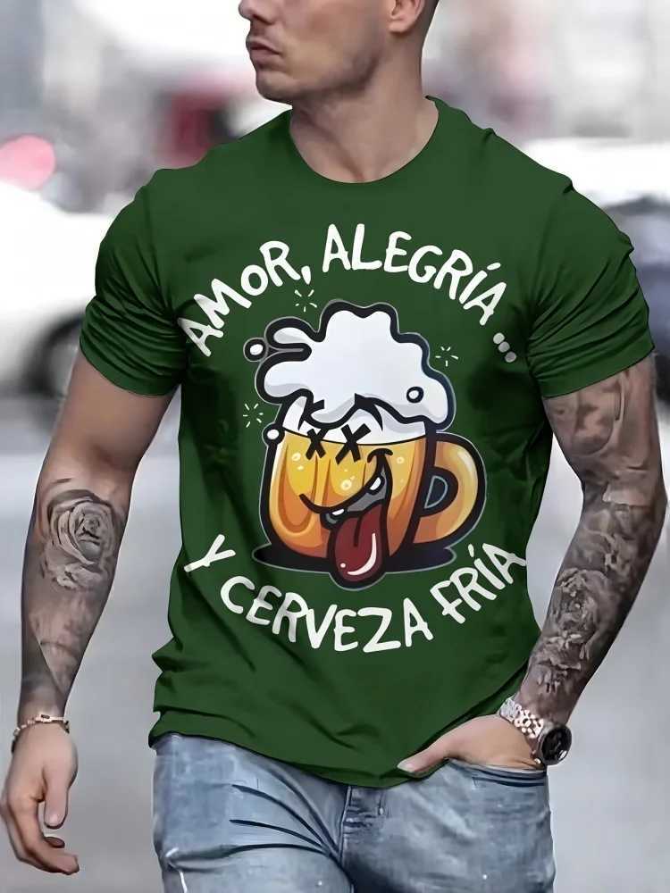 New Cartoon Beer Printed Mens T-shirt Street Style Mens City Fashion Short Sleeve Top Summer Casual Mens T-shirtXJ250409
