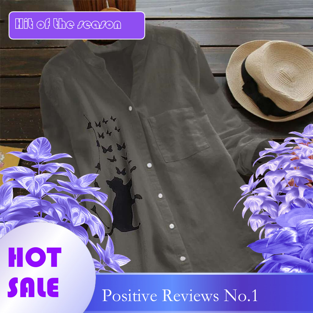 Dongdumaoyi Summer New Women Shirt Cat Printed Cotton Linen Blouse V Neck Casual Long Sleeve Button Down Top Clothes Chemise Femme T Shirt