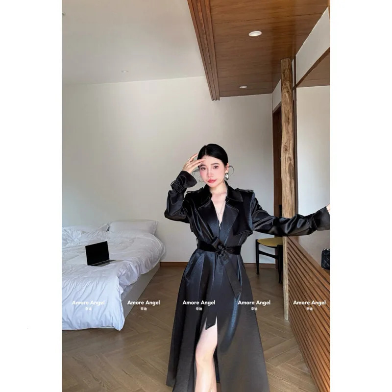 BJTZ solid color long sleeved n feels like a double breasted trench coat for women in the spring of 250409