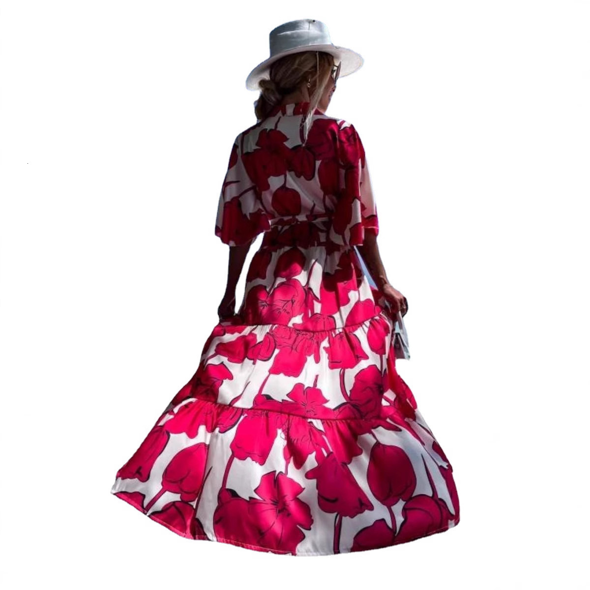 Spring/Summer 2025 Hot Selling Fashion Print Lantern Sleeve Lace up Split Polo Dress Midlength Dress