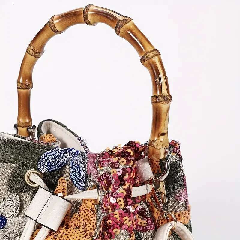 Fashion Sequin Embroidery Bucket Baboom Handle Women Handbags Wer Straw Shoulder Crossbody Bags Sumer Beach Tote Bag