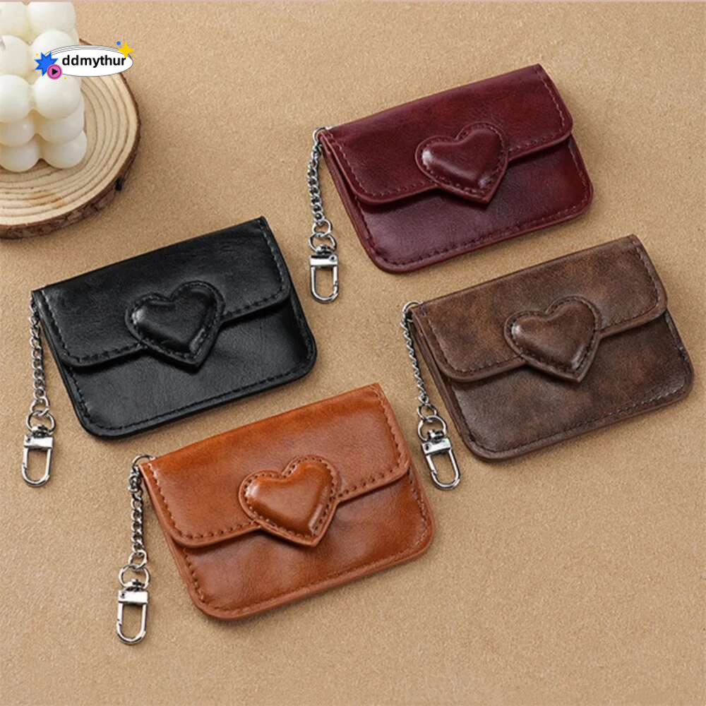 Mini Coin Purse Keychain Wallet Fashion PU Heart Buckle Multi-card Slots Card Holder Pouch Key Storage Bag for Women and Men ddmythur