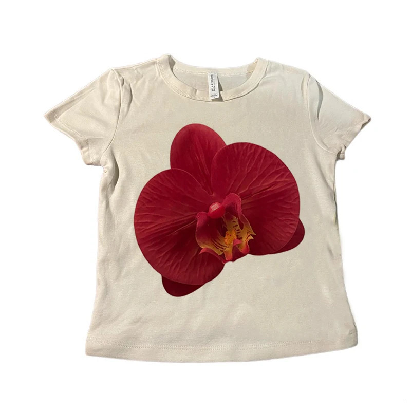 Streetwear Womens Summer Slim Crop Tops Floral Print Pattern Cap Sleeve Round Neck Show Navel Cropped Tops Female Mini Baby Tee 250409