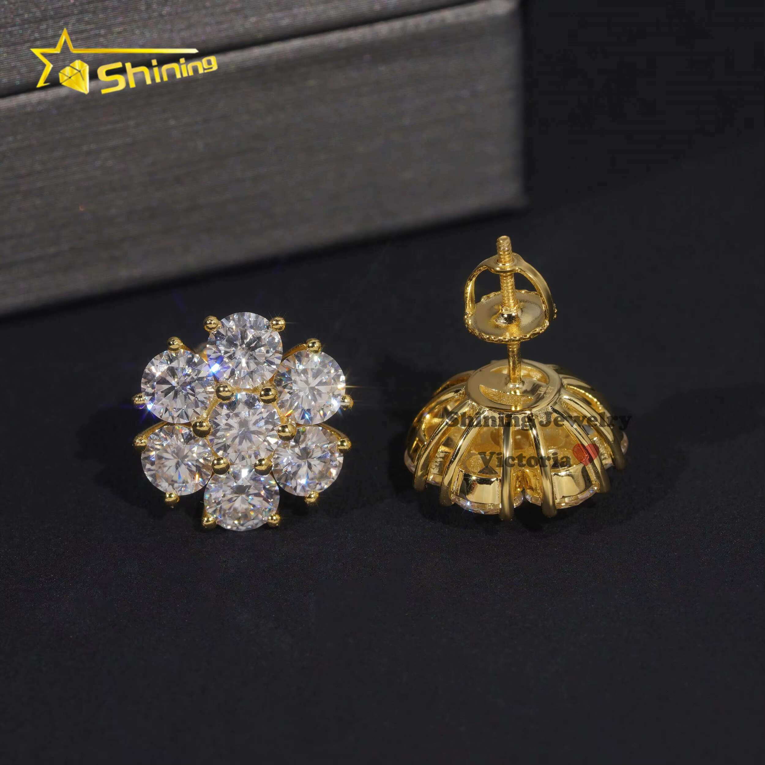 Wholesale Price Hip Hop Jewelry 15MM Flower Earrings VVS Moissanite Diamond 925 Sterling Silver Gold Plated Men Stud Earrings