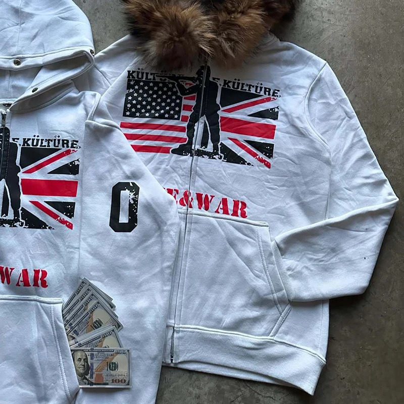 Retro Y2K Zipper Sweatshirt Ins Fur Collar Printed Long Sleeved Pullover Hoodie Street Trend Jacket for Casual Wear 251107