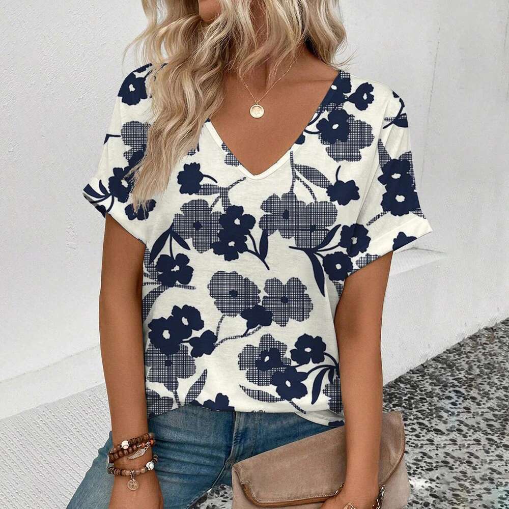 Elegant V-Neck Fashion ral Pattern Print Popular Women's Short Sleeve Summer Leisure T-Shirt