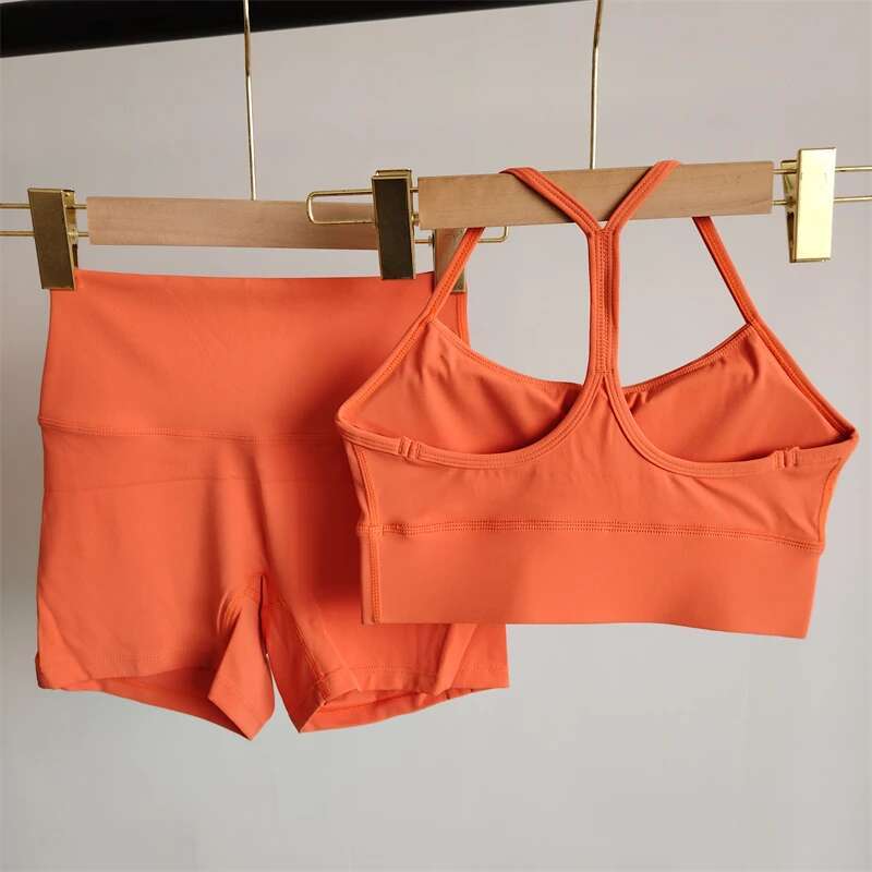 Solid Color Yoga Clothing Shorts Leggings Bra 2-Piece Set Women Gym Suit Sportswear Pilates High Waist Fiess Wear Breathable