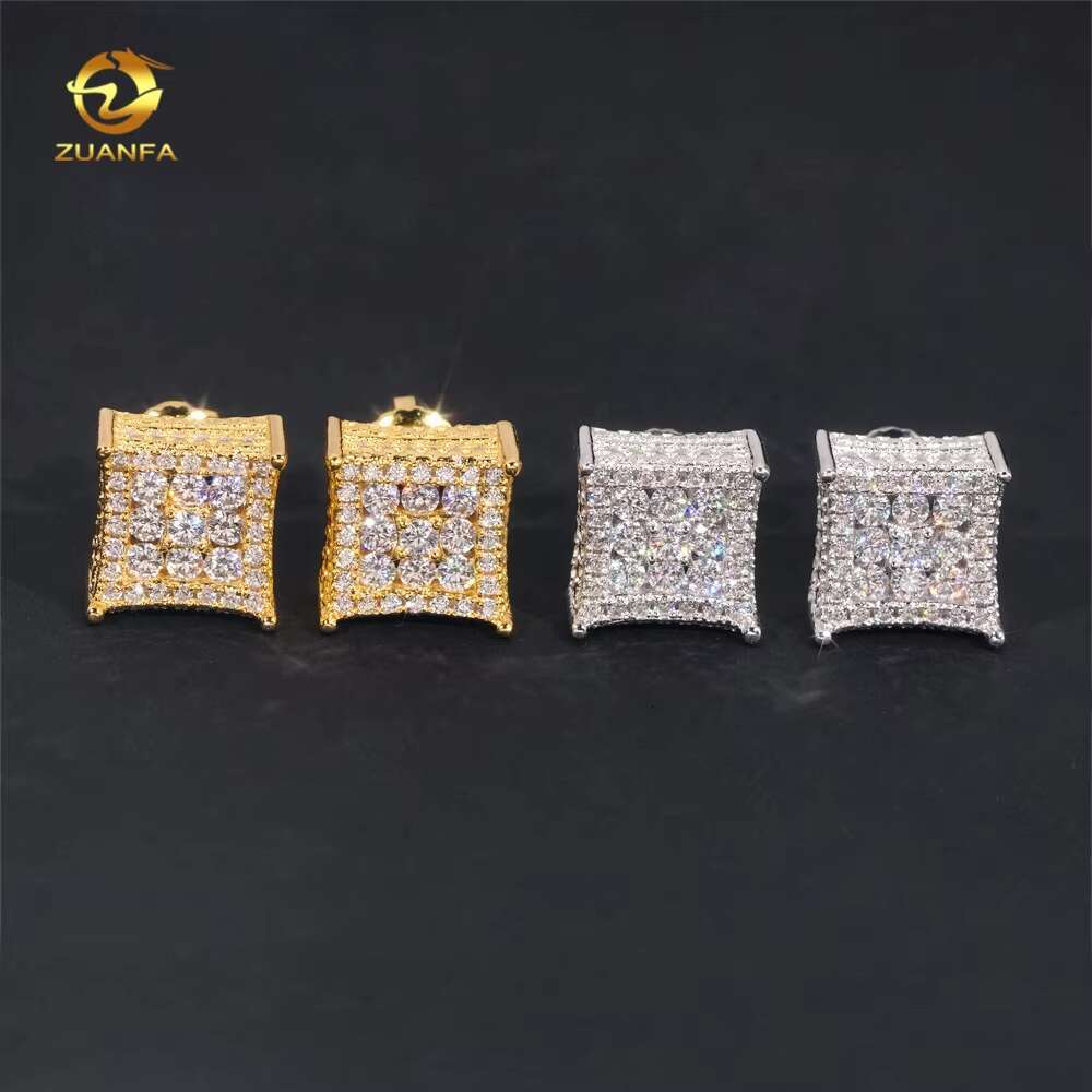 Wholesale Price High Quality Fashion 925 Sterling Silver Moissanite Diamond Gold Plated Square Iced Out Men Earrings
