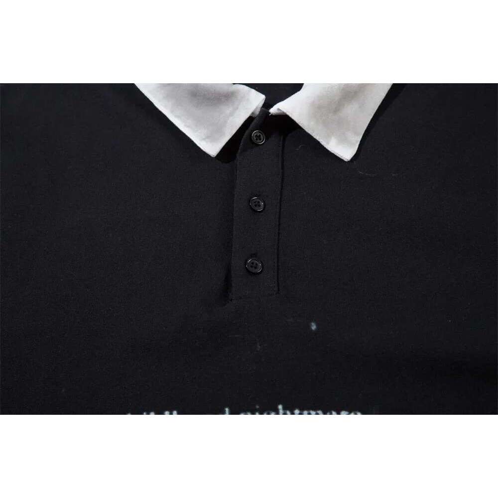 Print Fake Two Pieces T-Shirt Mens Distressed High Street Autumn Lapel Long Sleeve Loose Spliced Tee Men Cotton Tops