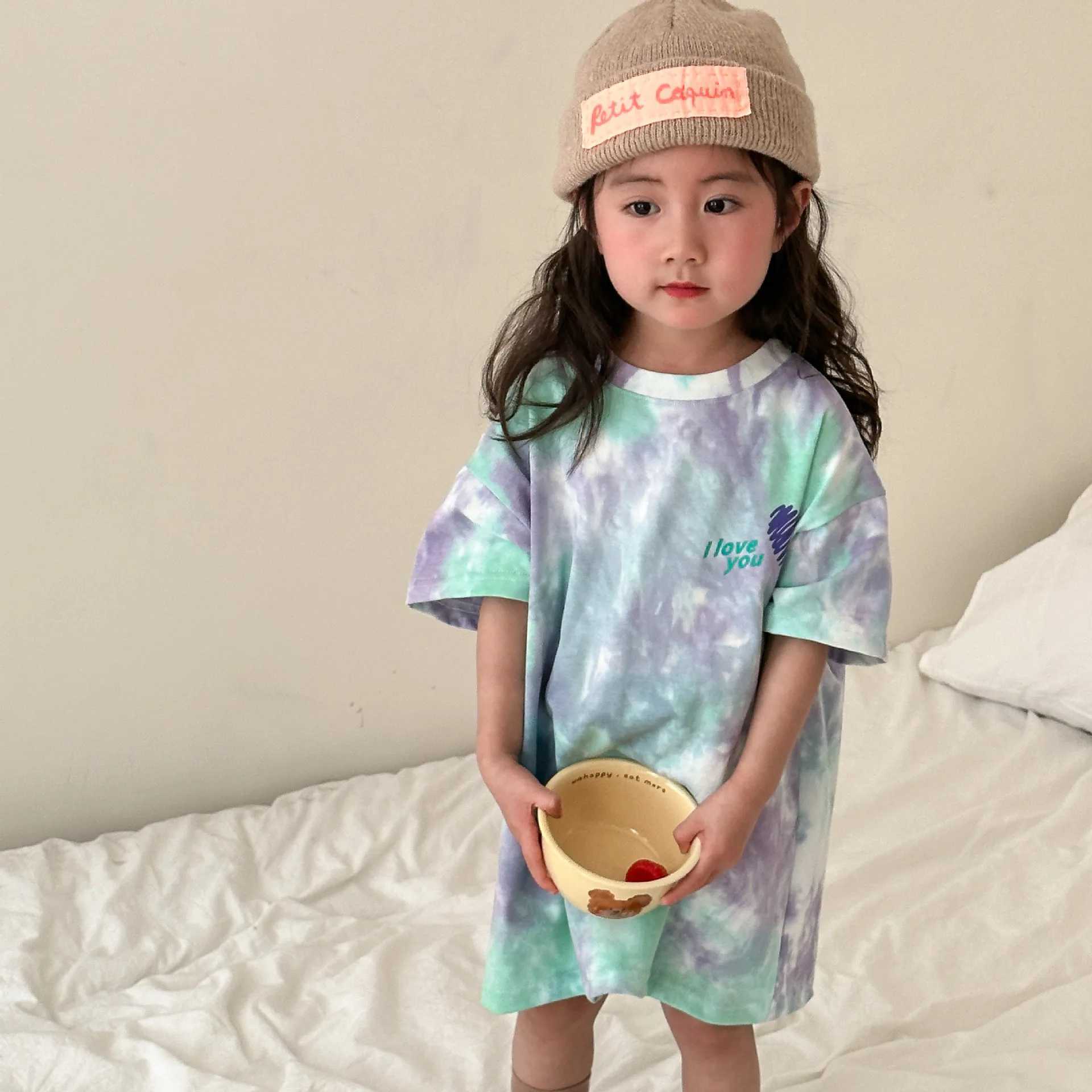 Brother Sister Clothes 2024 Summer New Mens Baby Set Lace up Dyeing Girls T-shirt Dress Casual Full Match Street Clothing 1-10 Years Old S2548