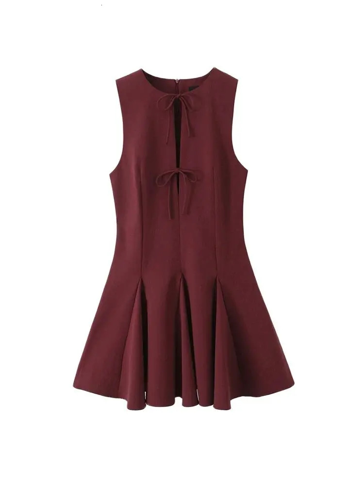 TRZA Womens Sleeveless Oneck Mini Dress Bow Godet Hem Back Zipper Fashionable Female Vestidos Mujer 250409