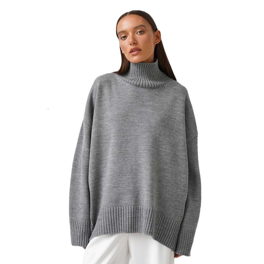 2025 Trendy Style Autumn Winter Solid Color High Neck Loose Slimming Versatile Knitted Sweater for Women