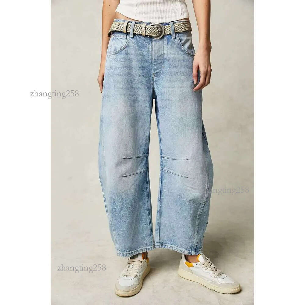 Free Shipping American Style Denim Splice Design Straight Pants People Boho Loose Mid Waist Trousers Cropped Jeans