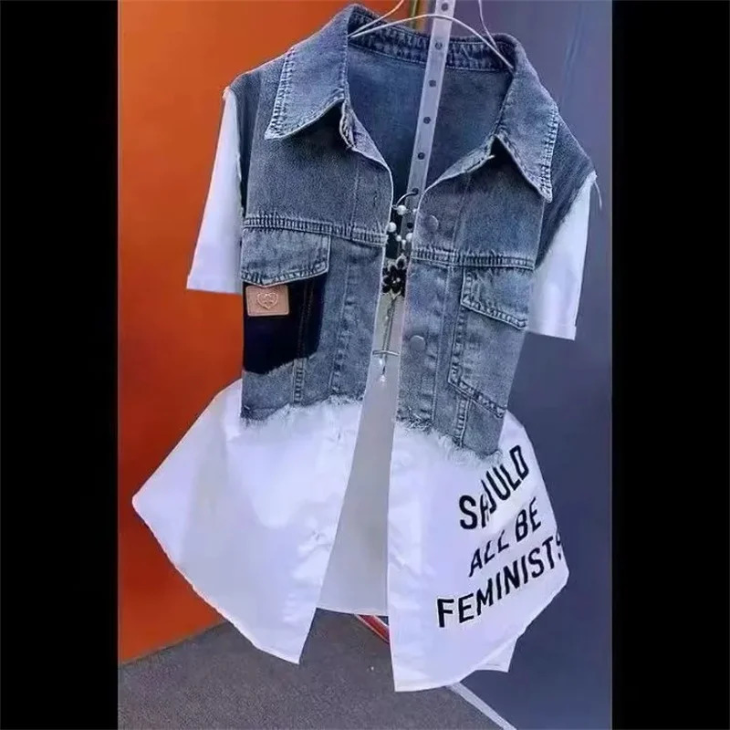 Womens denim jacket twopiece shirt spring summer autumn casual fashion clown patchwork striped top for women 250409