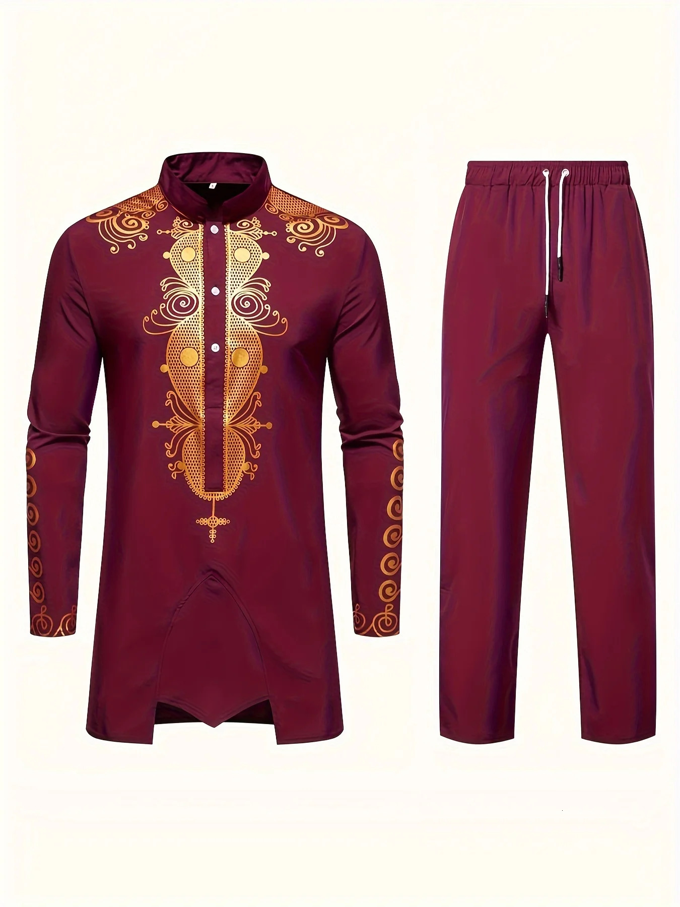 Traditional culture mens suit Muslim personalized 3D printed pattern Arabic dress loose and breathable twopiece set 250409