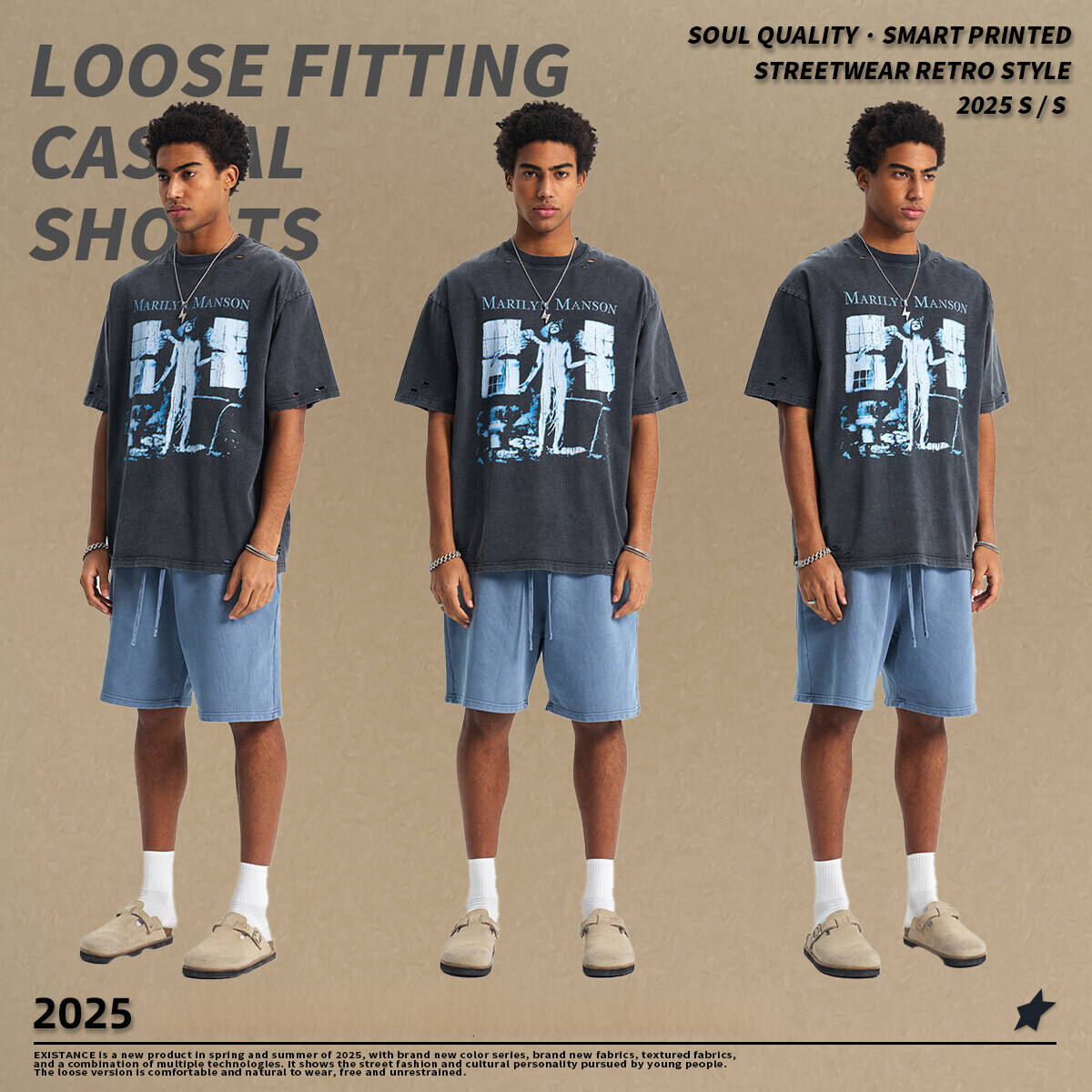 2025 Spring/Summer New American Trendy Brand Large Men's T-Shirt with distressed cut and wash print for men