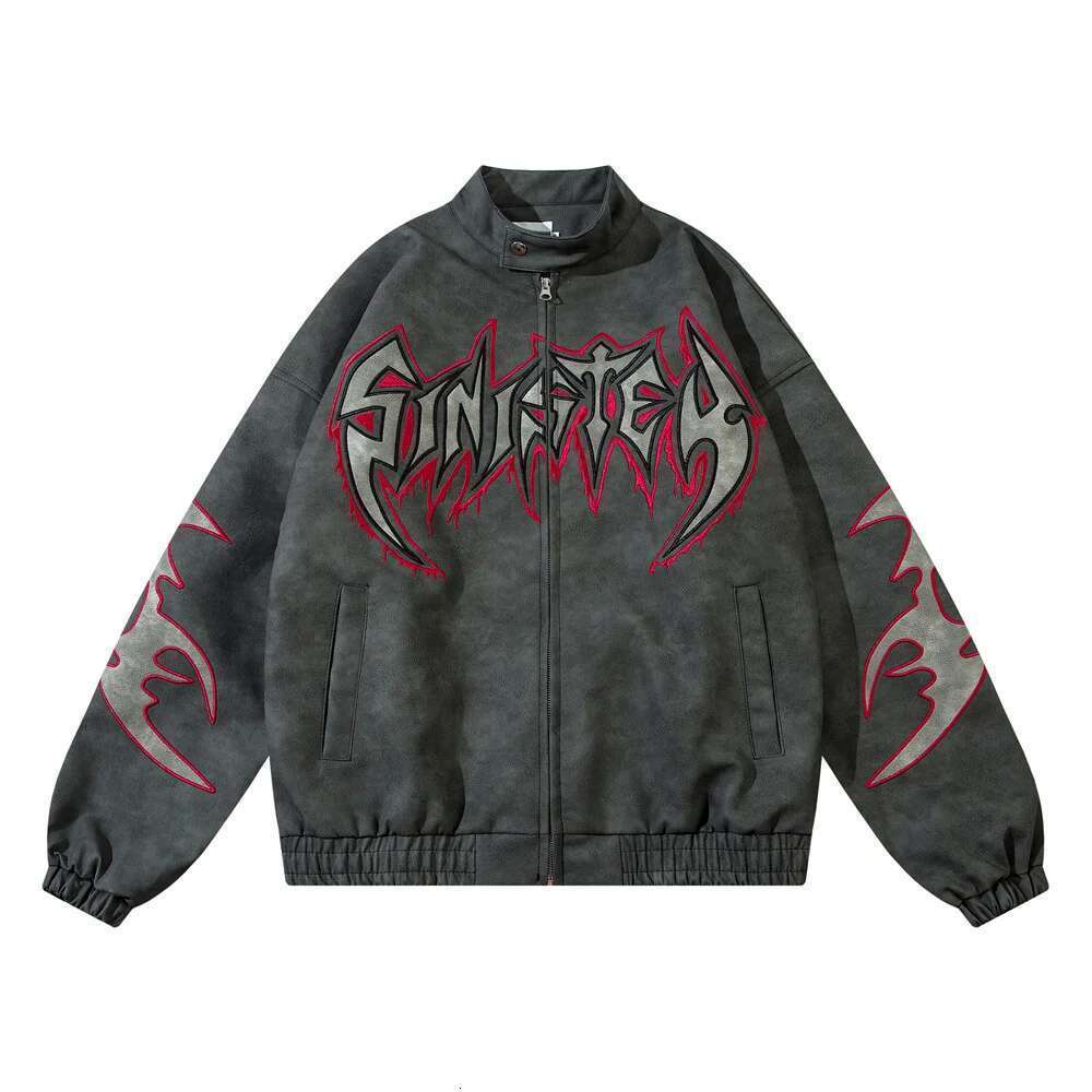 Flame Letter Leather Jacket Mens High Street Autumn Winter Loose Stand Collar Long Sleeve Zipper Fly Outerwear Men