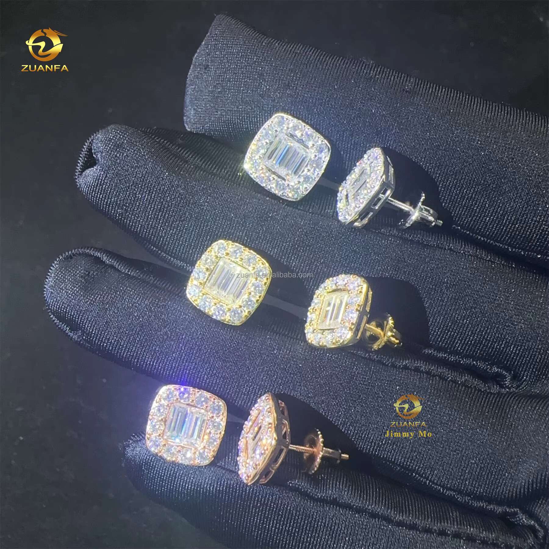 New Arrivals Bulk Stock Iced Out Man Stud Earrings Baguette Moissanite Diamond Screw Back Setting Hip Hop Stud Earring 925