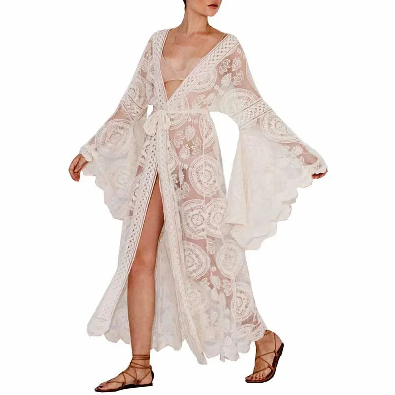 Maxi Boho Kimono Kaftan Cover-Ups Gown Robe Women Sheer Lace Crochet Wrap Beach Dress White Long Open Front Cardigan For ZT2440 250409