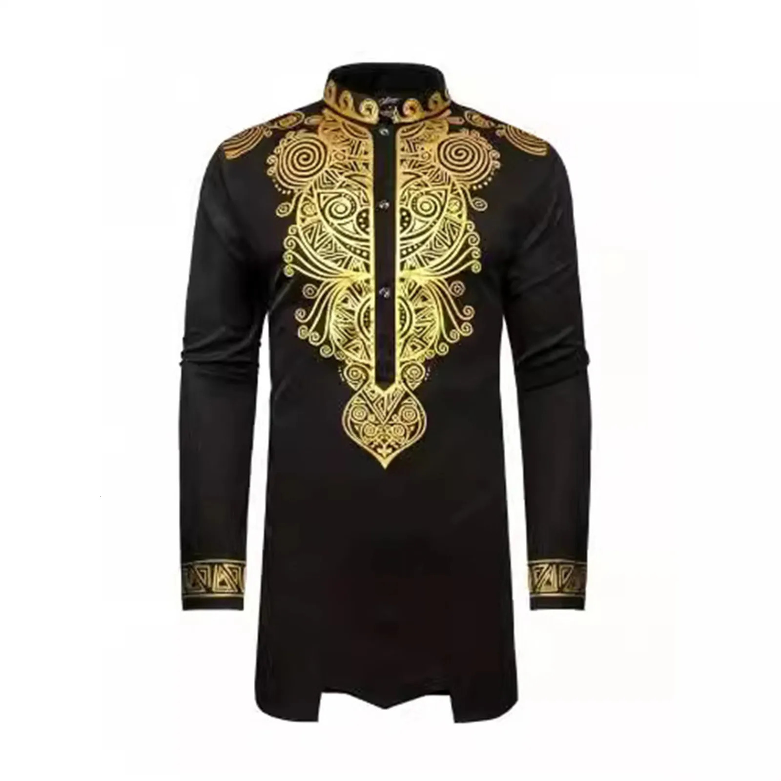 African Mens Muslim Robe Casual Gold Stamp Long Sleeve Saudi Arabia Dubai Juba Thobe Traditional Arab Cafe 250409