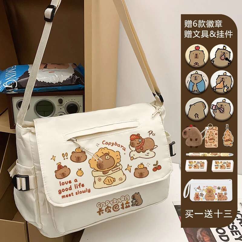 2025 New Capibara Large-Capacity Cartoon Printed Shoulder Fashion School Canvas Messenger Bag For Young Students