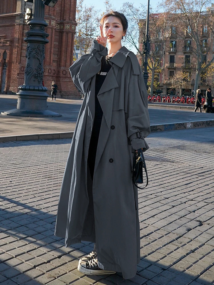 Trench Oversized XLong Womens Coat Double Tear Belt Windproof South Korea SpringSummer 250409