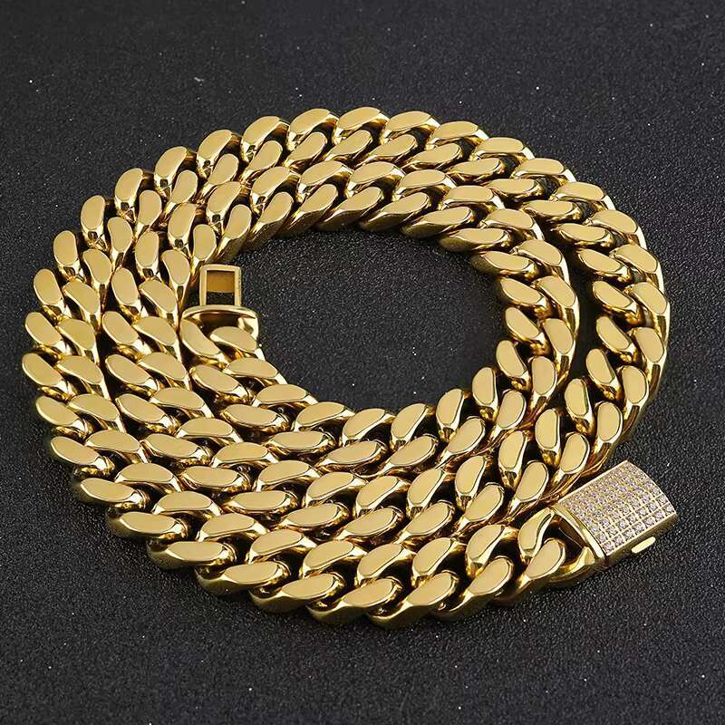 18k Gold Plated Jewelry Wholesale Hip Hop Stainless Steel Waterproof Cuban Chain Necklace Miami Cuban Chain