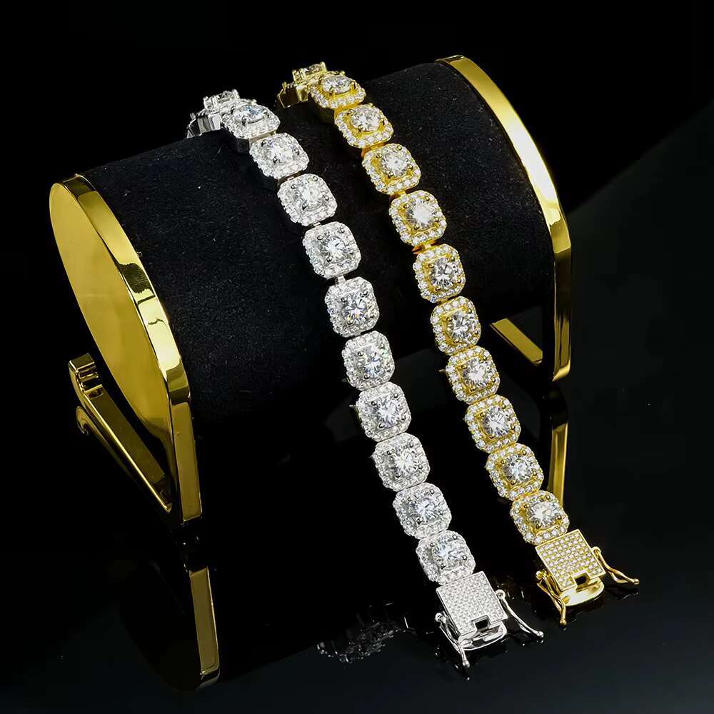 2023 New Fine Jewelry Hip Hop Luxury Big Diamond Moissanite square Shape Clustered Cuban Tennis Chain Bracelet Bangle 925 Silver