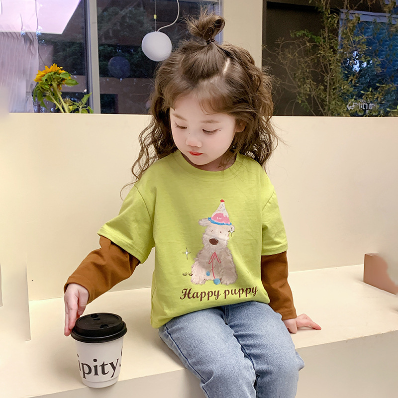 Ddmyshoesvip Girl S Color Blocking Fake Two Loose Long Sleeved T Shirts For Spring New Baby Base Shirt Children S Clothing