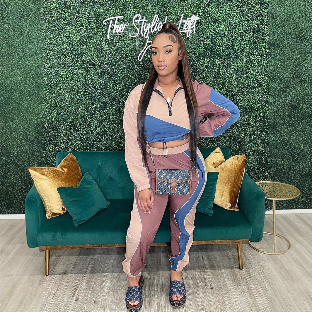 2025S Designer Women S Set New Fashionable Loose Casual Color Contrasting Sports Style Zipper Drawstring Design Top Pants Set For Women