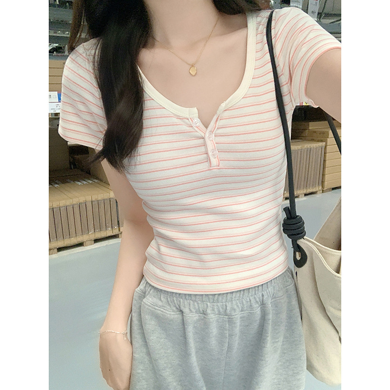 2025S Designer Women S T Shirt Shoulder Striped Sleeved T Shirt For Women In Summer New Semi Open Collar Slim Fit And Slimming Student Short Top