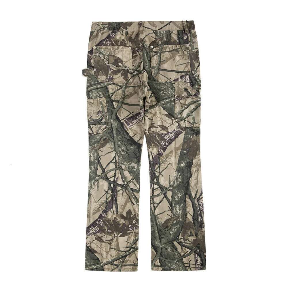 Streetwear Camouflage Print Flared Casual Mens Multi-Pocket Spliced Carpenter Pants Men Trousers