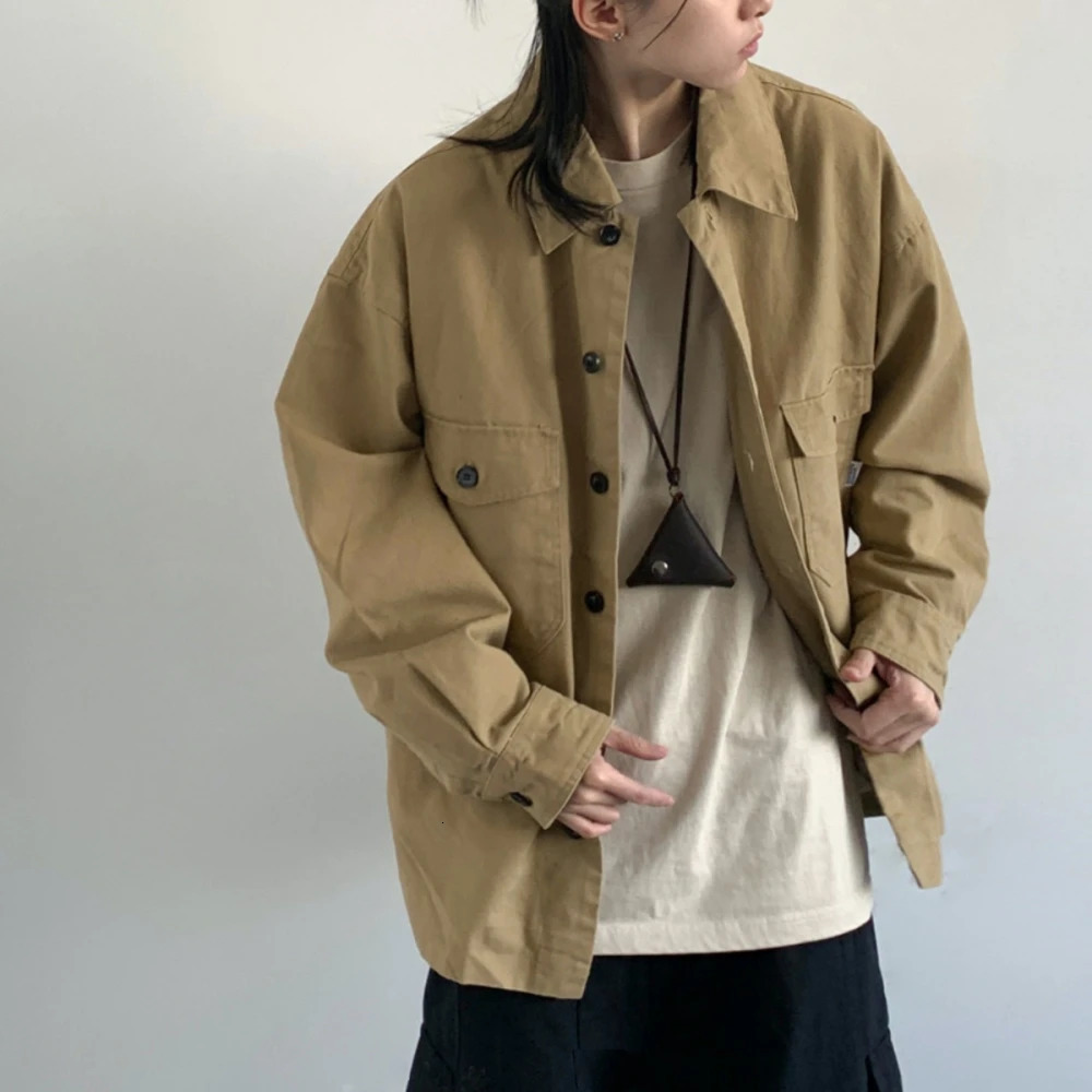Vintage Cargo Jacket For Men Women Spring Fall Japanese Preppy Casual High Quality Cotton Khaki Trendy Streetwear Unisex Utility 250408