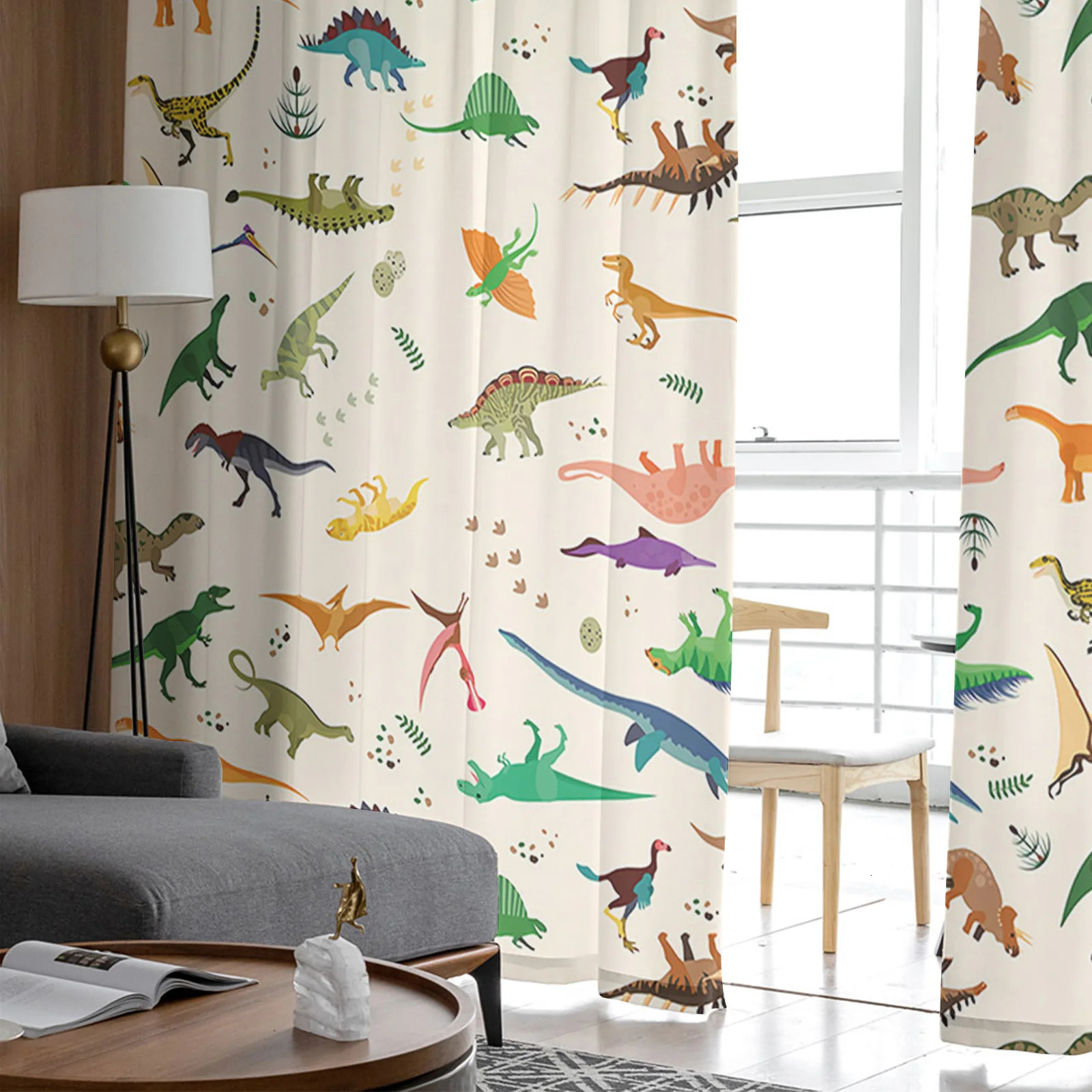 Colorful dinosaur chiffon transparent window screen living room curtains bedroom modern Voile organic decorative curtains 250409