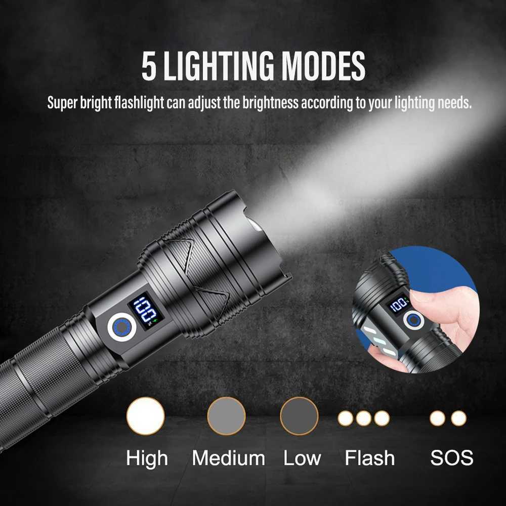 High power strong light long-distance LEP flash USB charging 26650 lithium battery outdoor telescopic zoom ultra bright flashlight Y250409